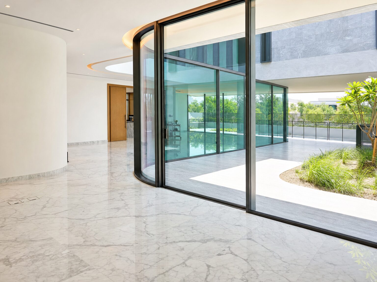 Curved glass and courtyard
